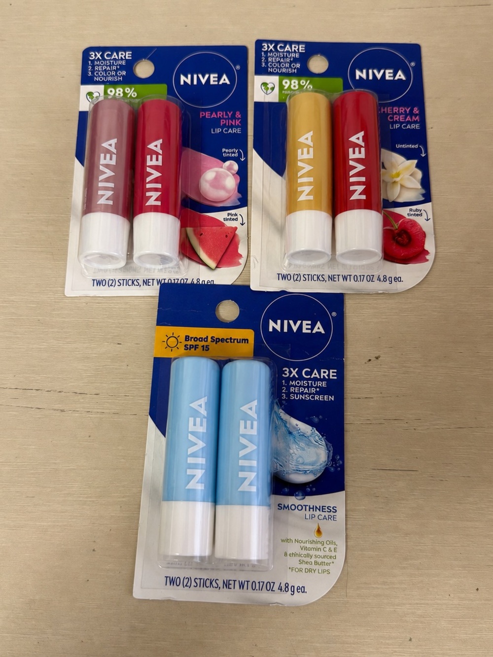 NWT NIVEA Lip Care Bundle 6-Pack Tinted Pearly Cherry Smoothness SPF 15 Balms